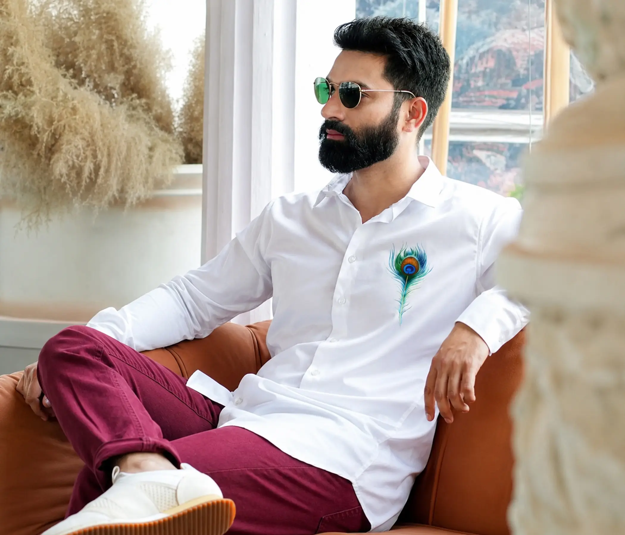 Pure White Hand-Painted Peacock Feather Shirt for Perfect Mens Collection